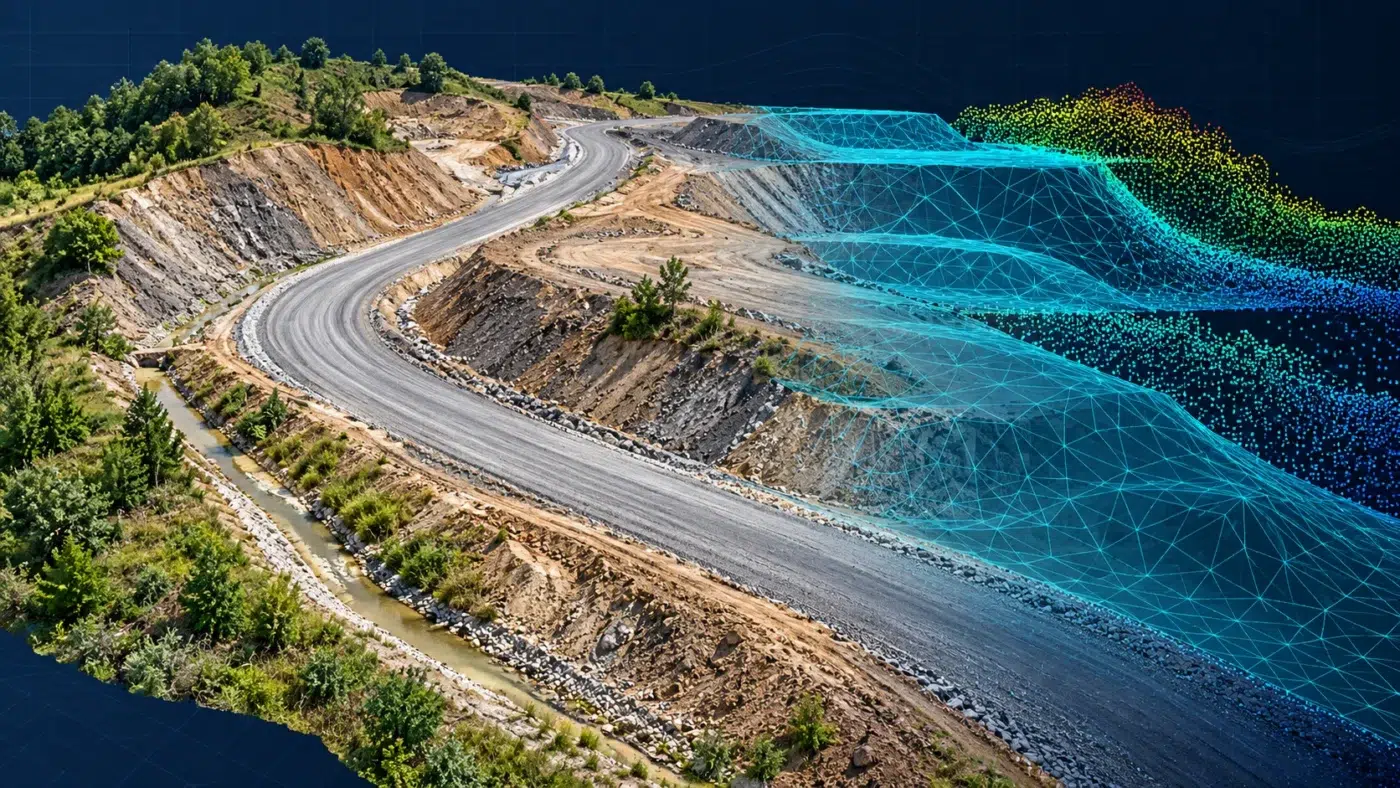 Concept illustration of a surveyed road site transitioning into a triangulated terrain surface and colored point cloud.
