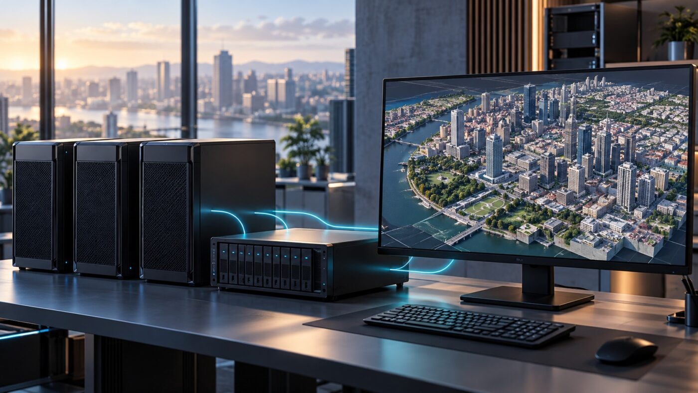 Concept illustration of networked processing workstations and shared storage beside a large tiled aerial reconstruction of a city.