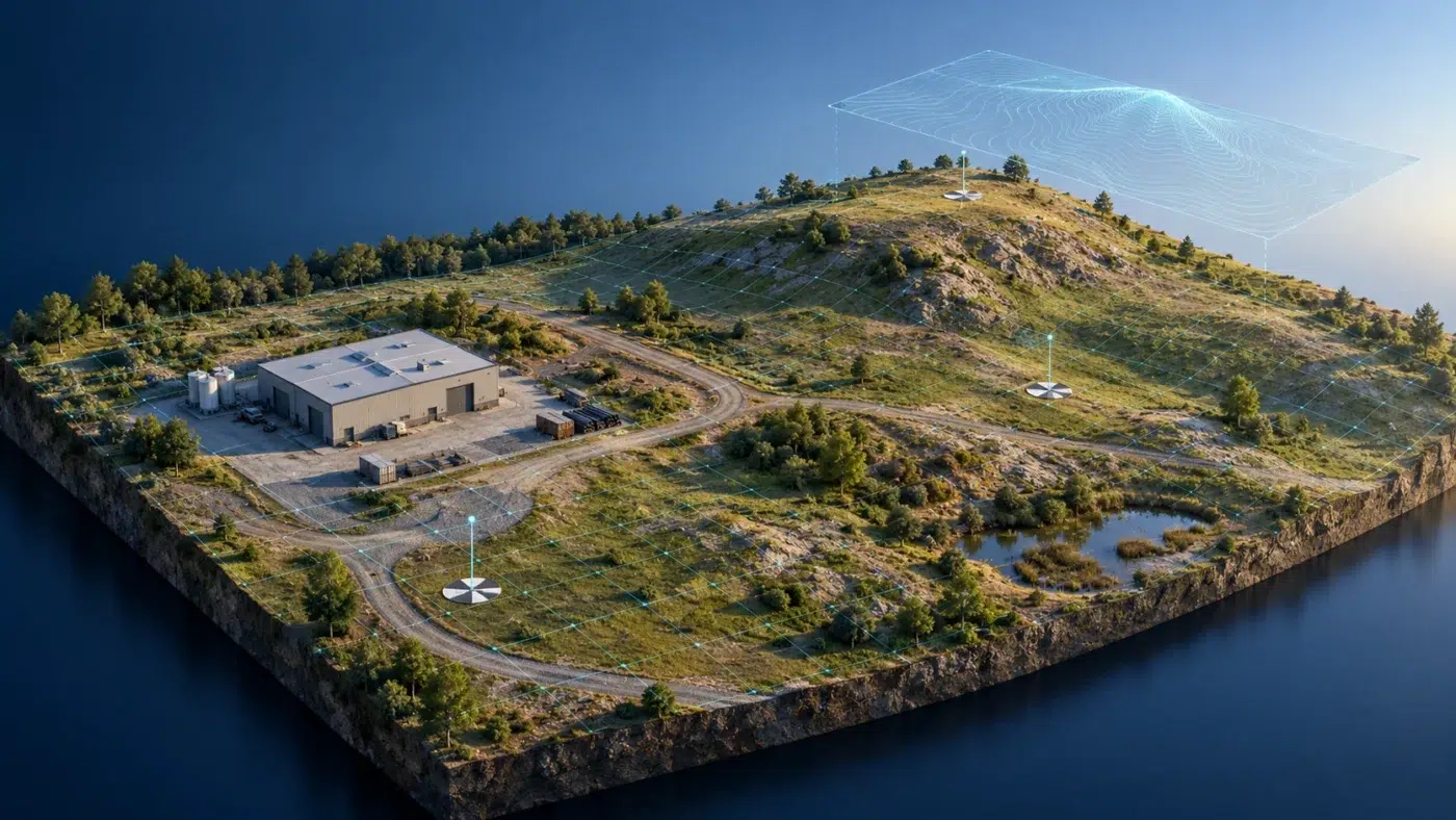 Concept illustration of a reconstructed survey site with a coordinate grid, ground targets and an elevation reference layer.
