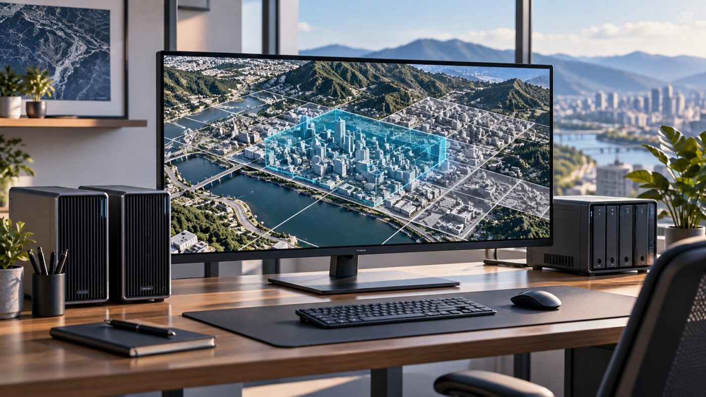 Concept illustration of a geospatial workstation displaying a tiled 3D city reconstruction with a highlighted region of interest.