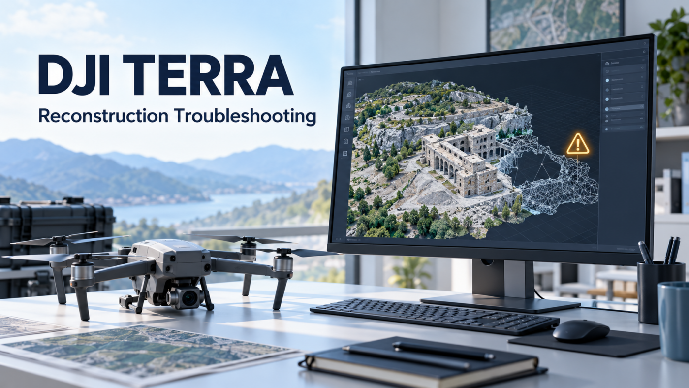 Drone mapping workstation displaying an incomplete 3D reconstruction and a warning symbol, with the heading DJI Terra Reconstruction Troubleshooting