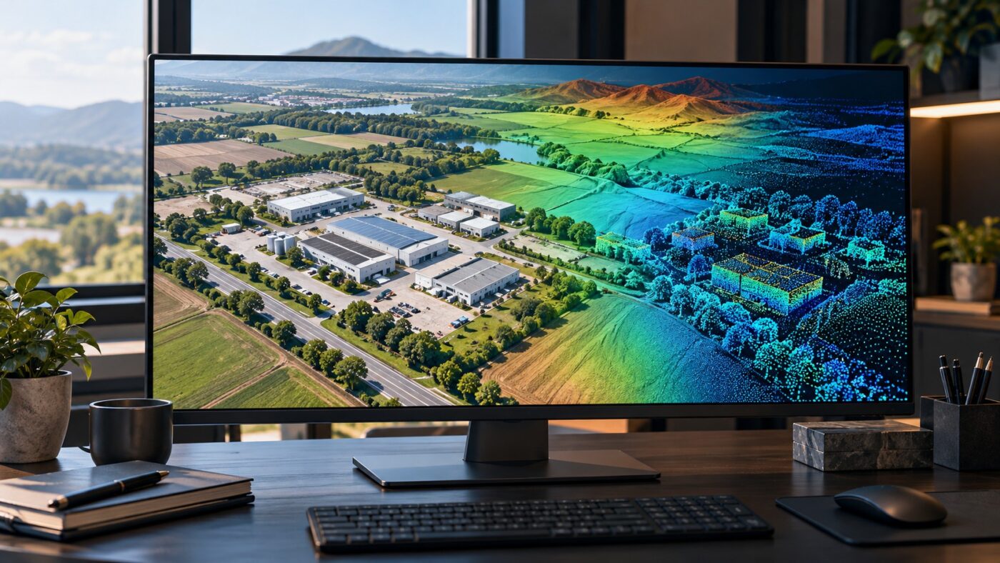 Concept illustration of a drone-surveyed site with an aerial map, elevation surface and colored point cloud displayed on a GIS workstation.