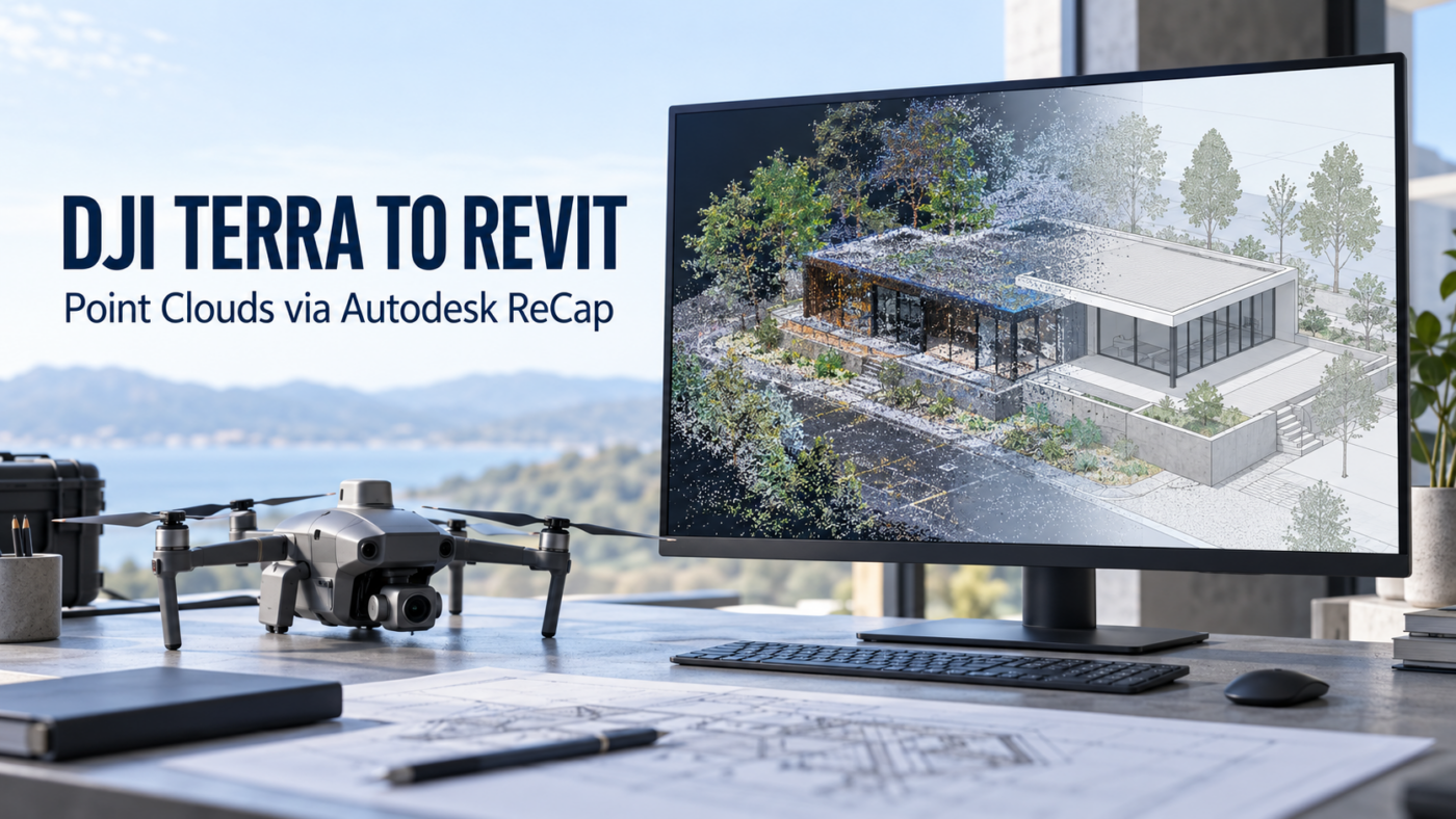 Drone survey workstation showing a colored point cloud beside an architectural model, with the heading DJI Terra to Revit
