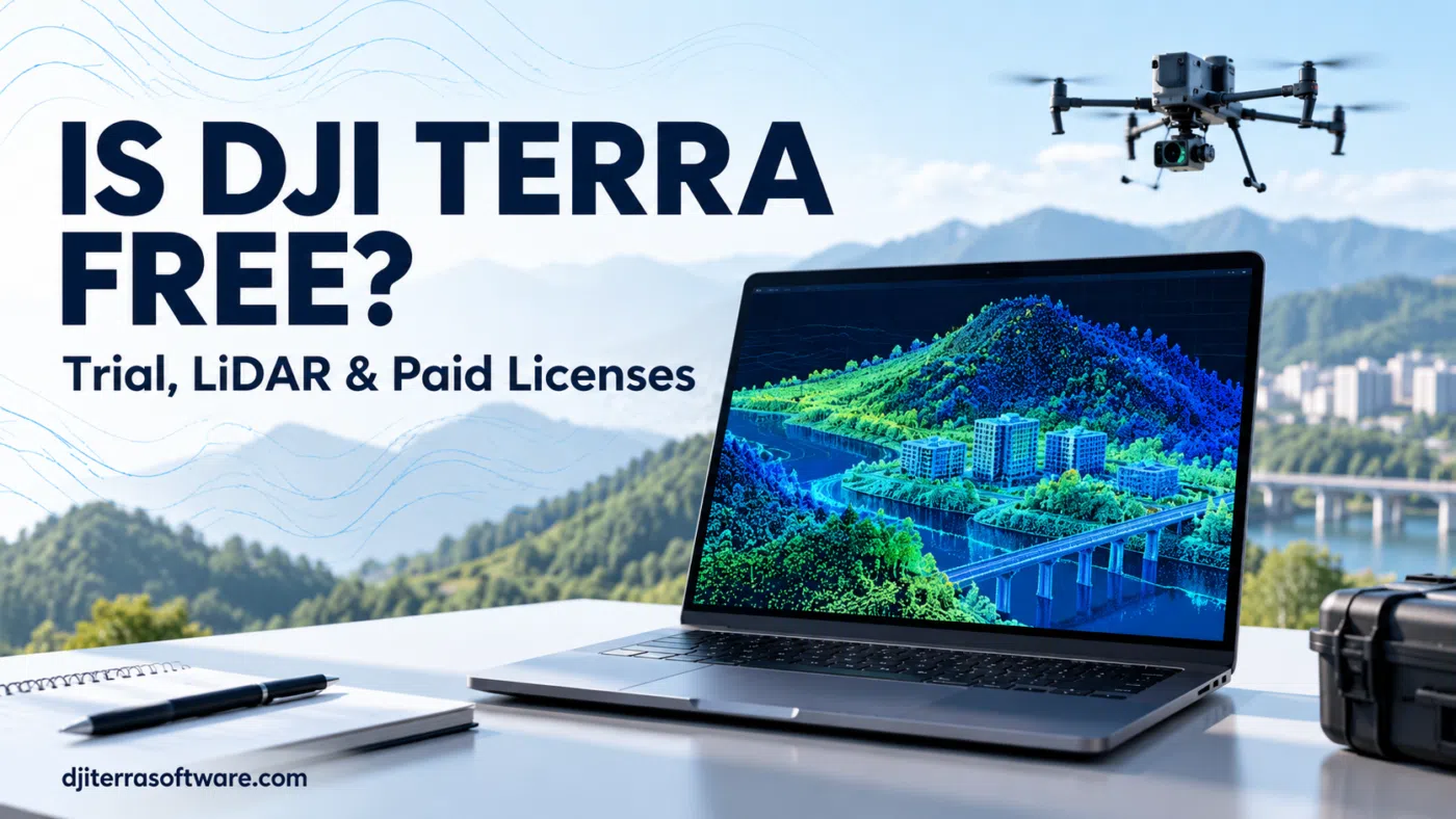 Illustration of a drone mapping workstation displaying a LiDAR point cloud, with the heading “Is DJI Terra Free?”